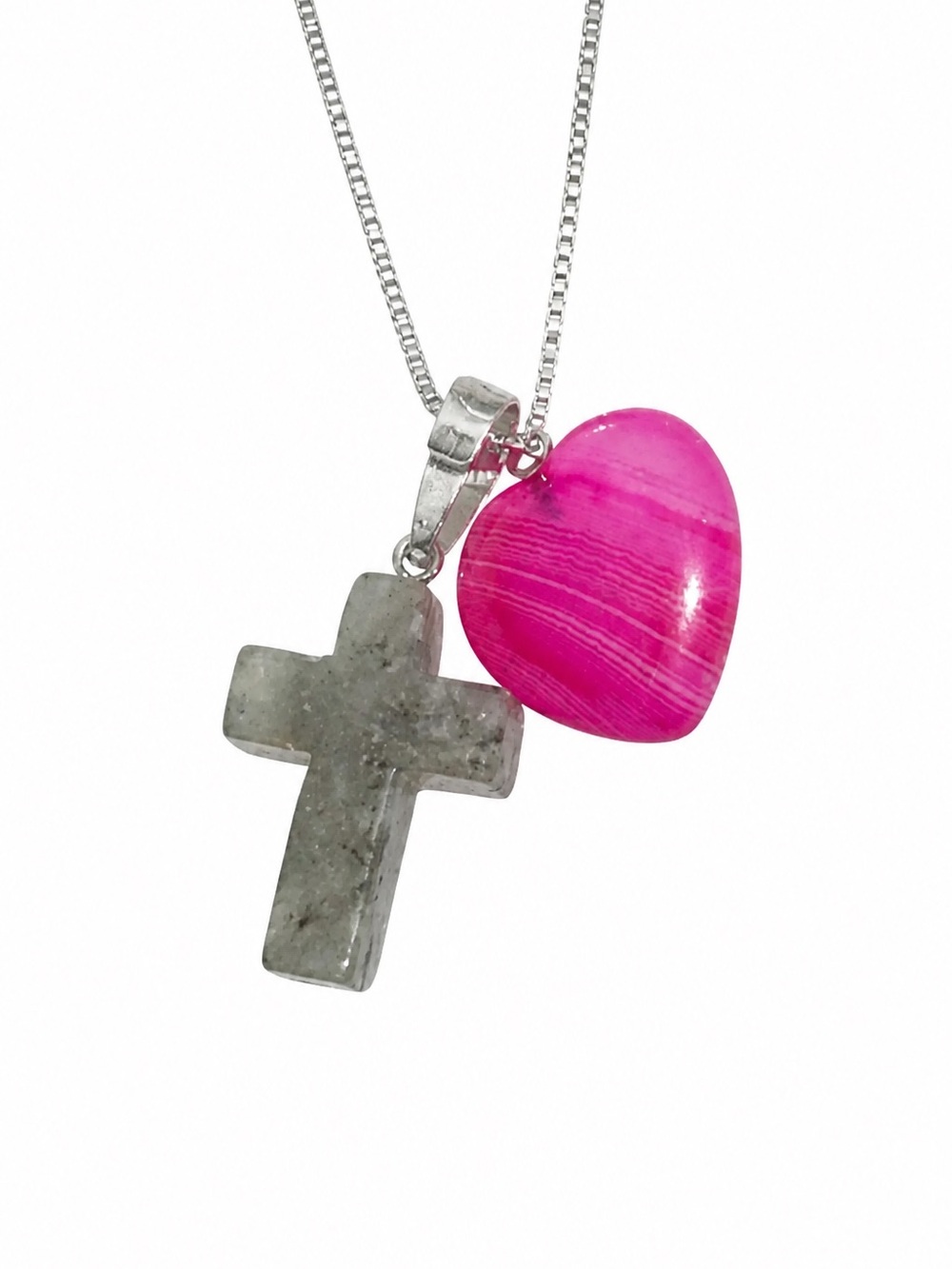 Boho hippie Rainbow Moonstone Cross & Agate Heart Sterling Silver 16” Necklace